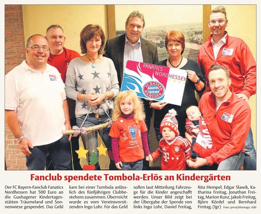 HNA-Bericht: Fanclub spendete Tombola-Erlös an Kindergärten - Dienstag, 10. Februar 2015